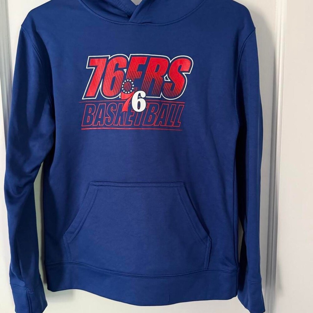 NBA Philadelphia 76ers hoodie with red and white '76ERS BASKETBALL' graphic, siz
